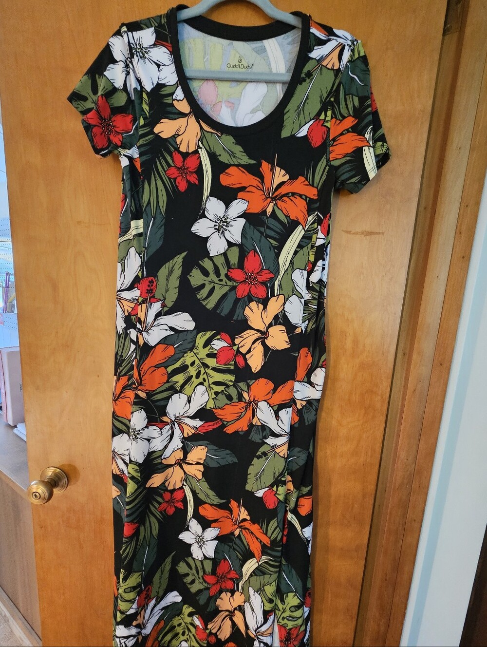 Cuddl Duds Black Floral Scoop-Neck Maxi Dress with Orange, White & Red Flowers
